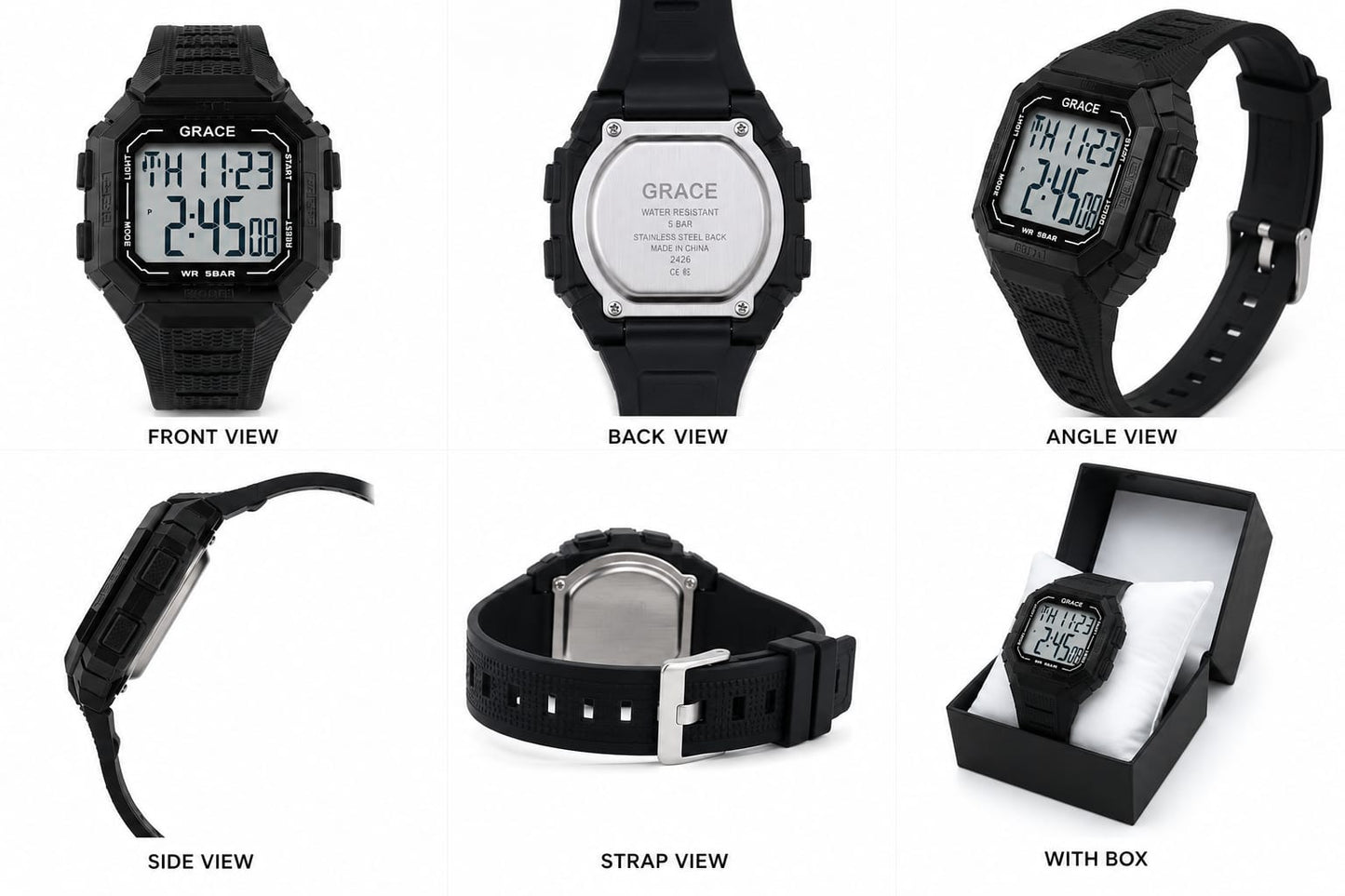 GRACE Men’s Digital Sports Watch – 5BAR Waterproof, LED Display